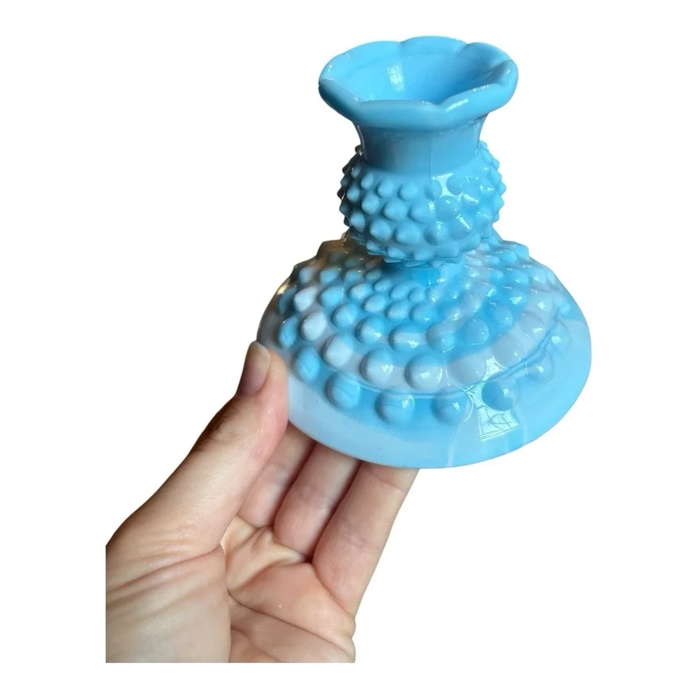 Pair Vtg Fenton Blue slag Hobnail Candle Holders Candlesticks Ruffled Rim